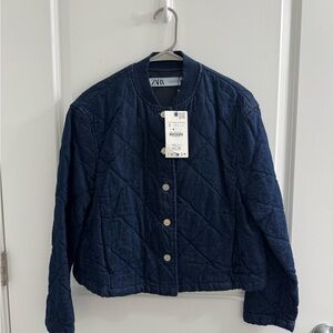 Zara Women's Dark Blue Quilted Bomber Jacket